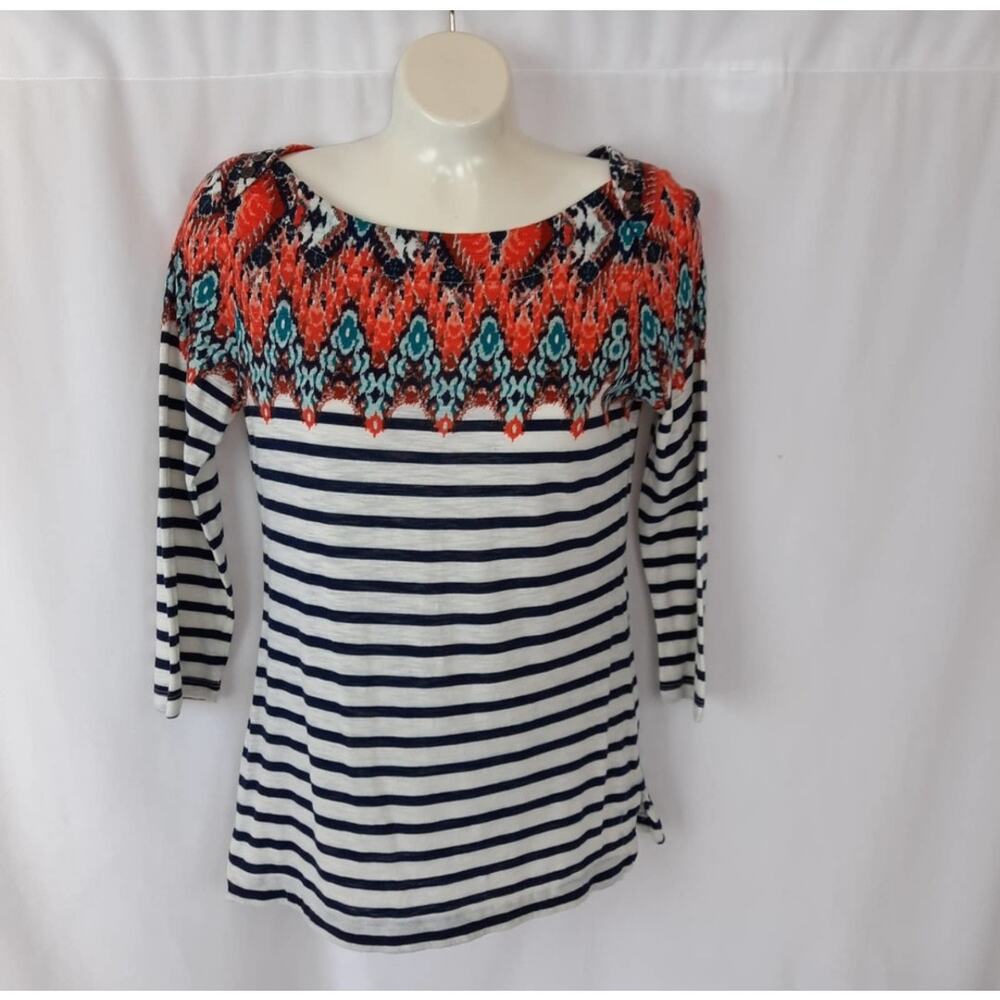 Lucky Brand 3/4 Sleeve Boat Neck Boho, Print, Black & White Stripe